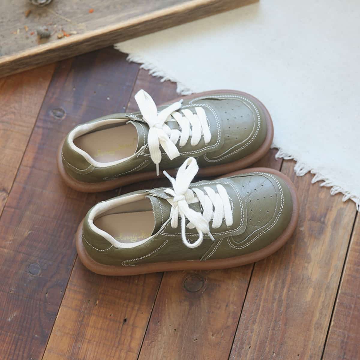 Leather round head lace-up small leather shoes summer soft-soled breathable shoes single shoes little white shoes