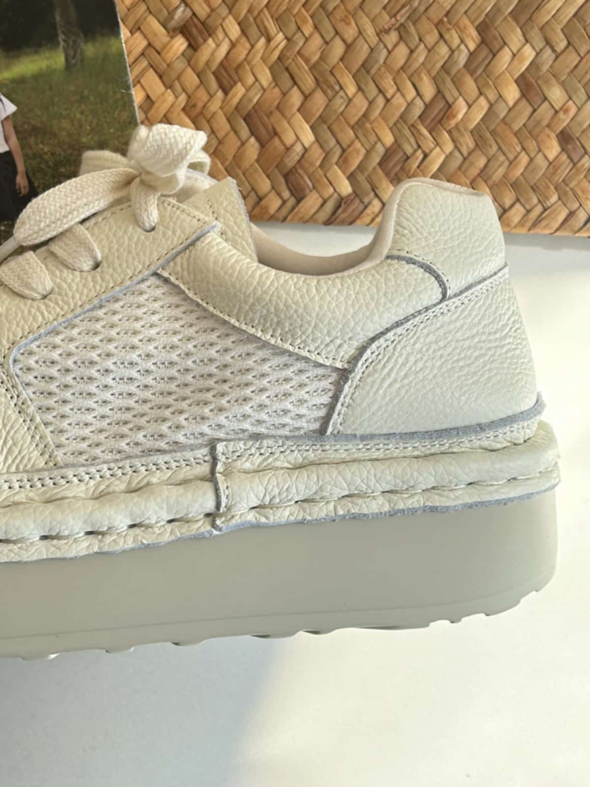 Leather round head lace-up shoes summer breathable mesh shoes handmade cowhide thick-soled big head shoes