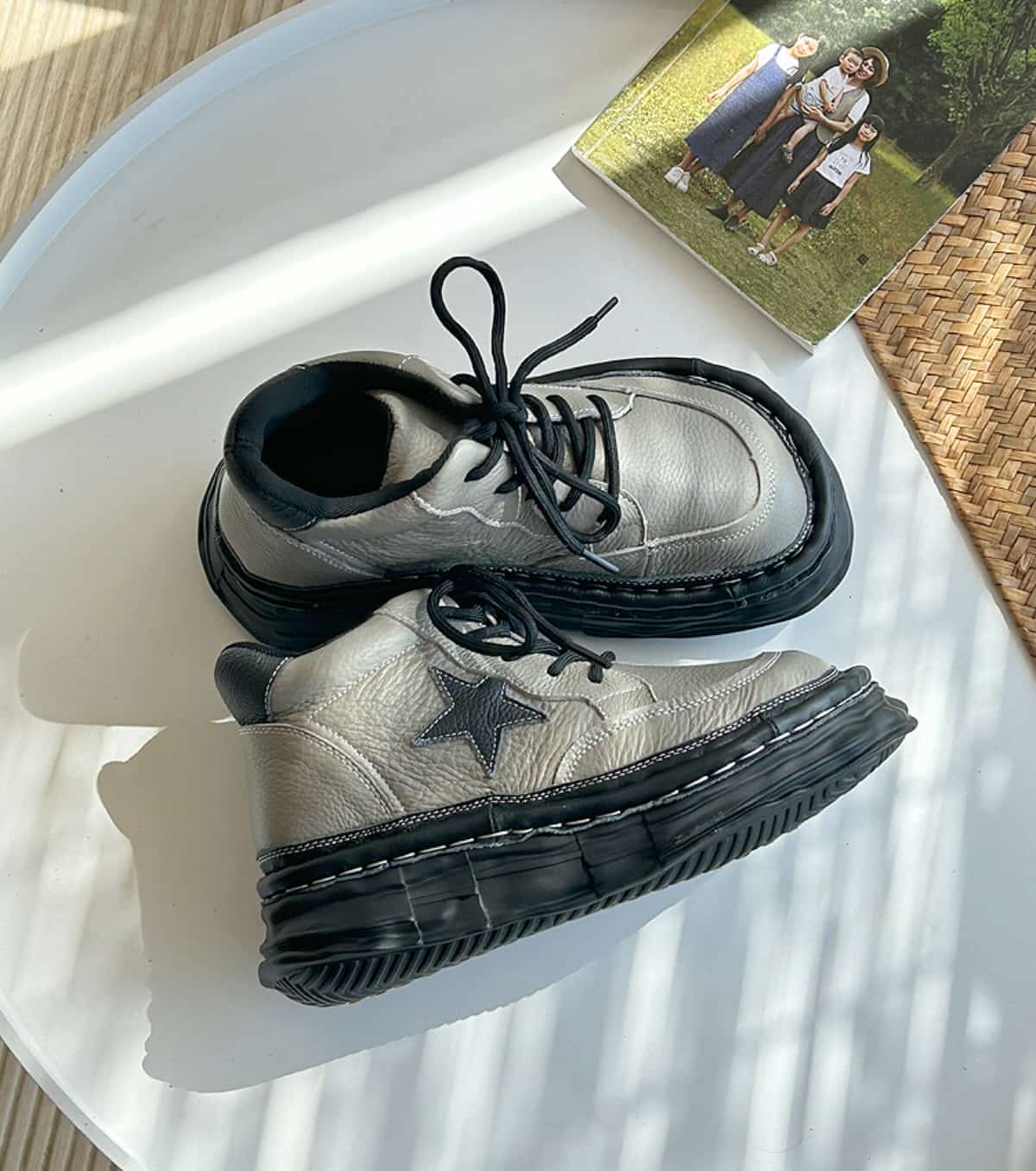 Leather round head lace-up platform big head shoes and short boots