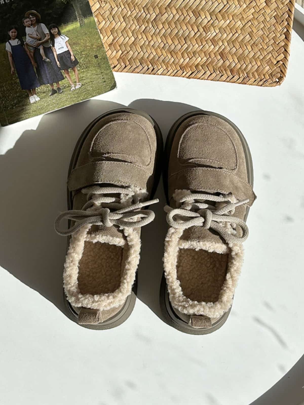 Leather round head thick-soled snow boots winter imitation lamb wool cute thermal shoes