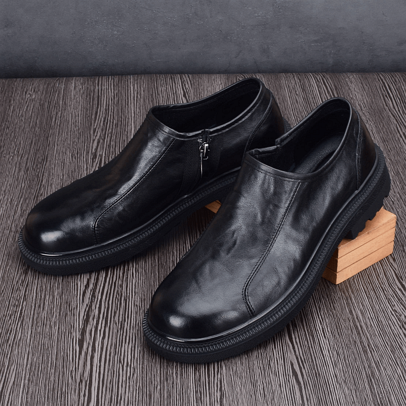 Casual single-layer leather shoes men's leather trend versatile round head platform zipper soft leather business youth single shoes men