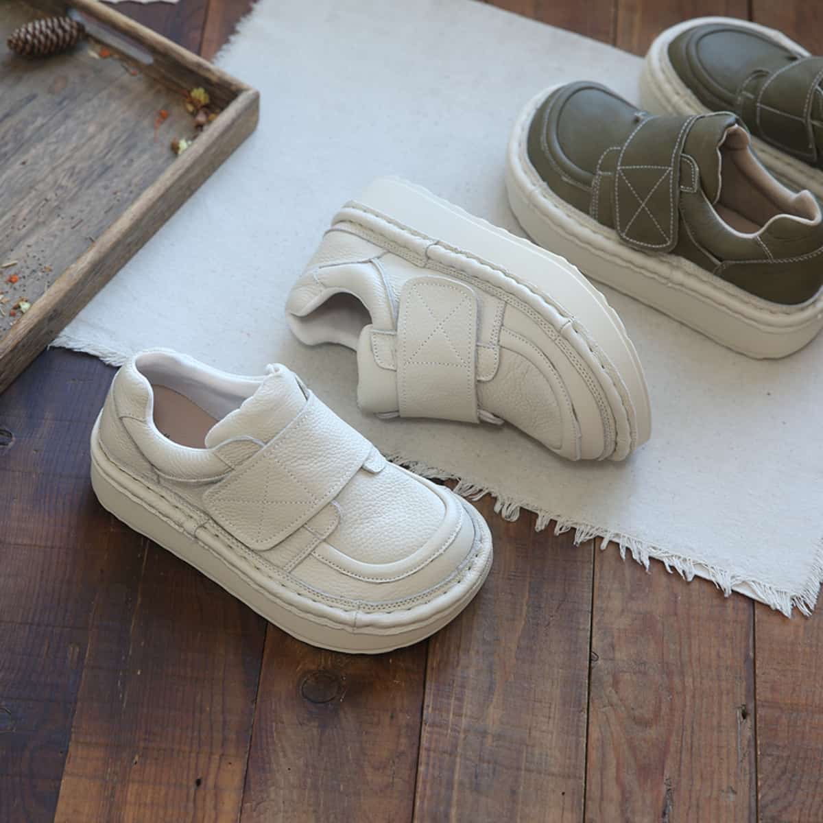 Leather round head platform big head shoes Velcro heightening shoes