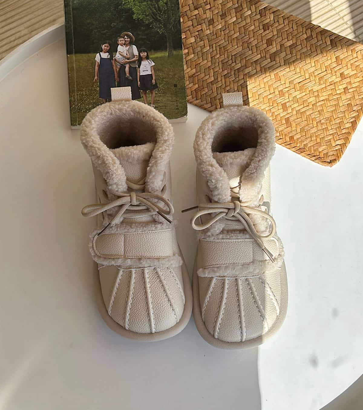 Imitation lamb wool round head flat-bottomed short boots winter cute glossy warm snow boots