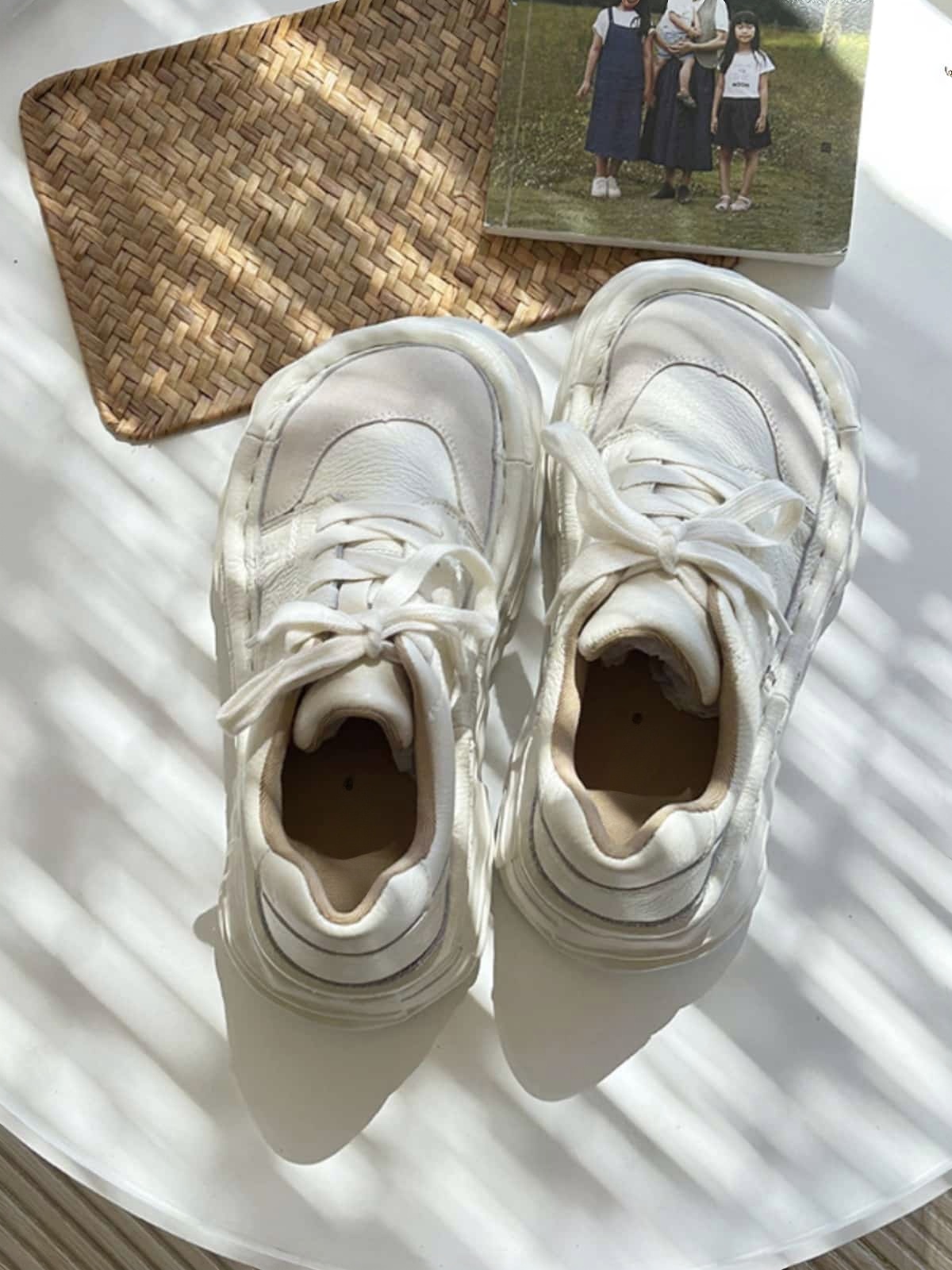 Leather round head lace-up thick-soled big-head shoes autumn muffin bottom little white shoes women