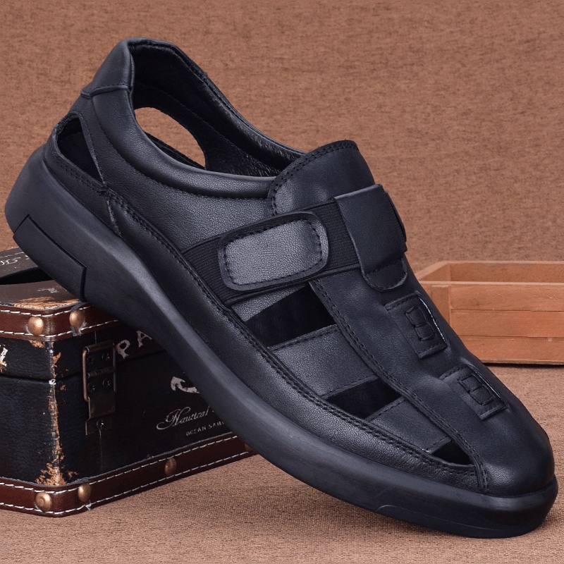 Men's sandals summer leather men's shoes breathable casual soft sole hollow leather shoes dad cowhide sandals