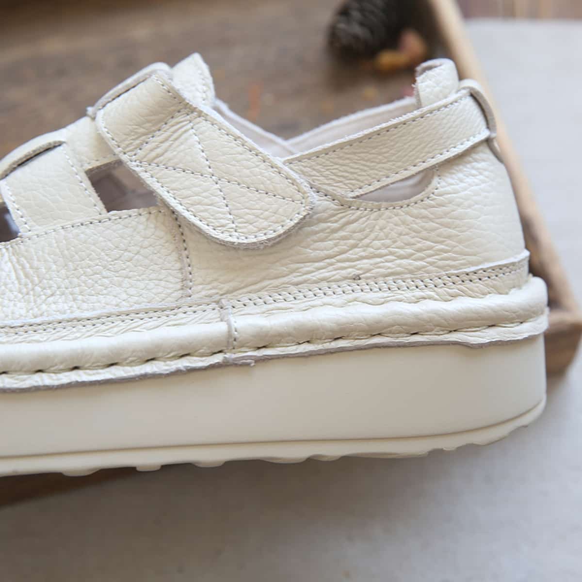 Leather Hollow Round Head Platform Big Head Shoes Summer Velcro Roman Sandals