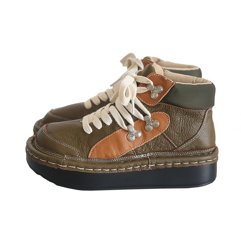 Leather round head lace-up platform big head shoes comfortable short boots women's autumn