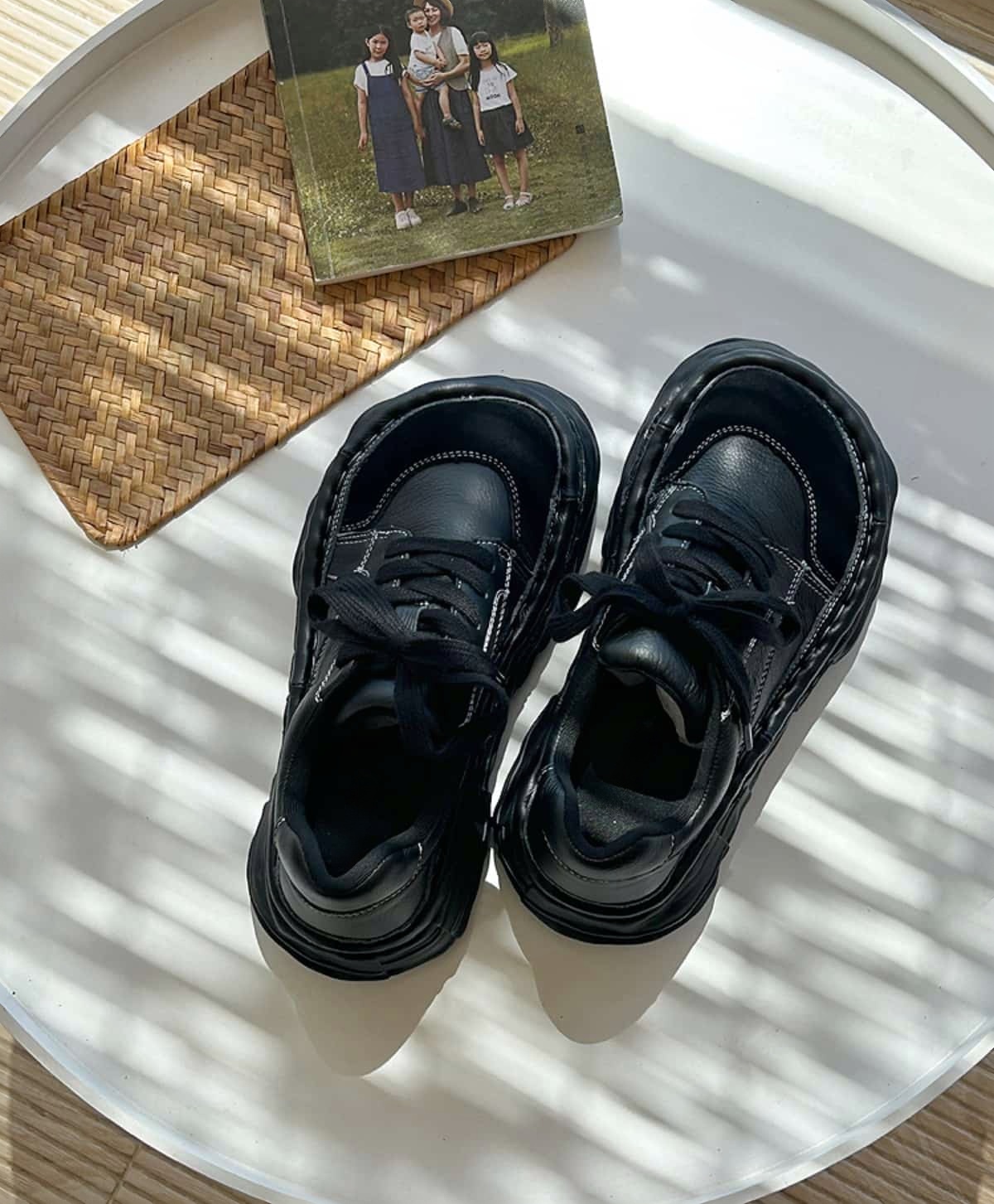 Leather round head lace-up thick-soled big-head shoes autumn muffin bottom little white shoes women