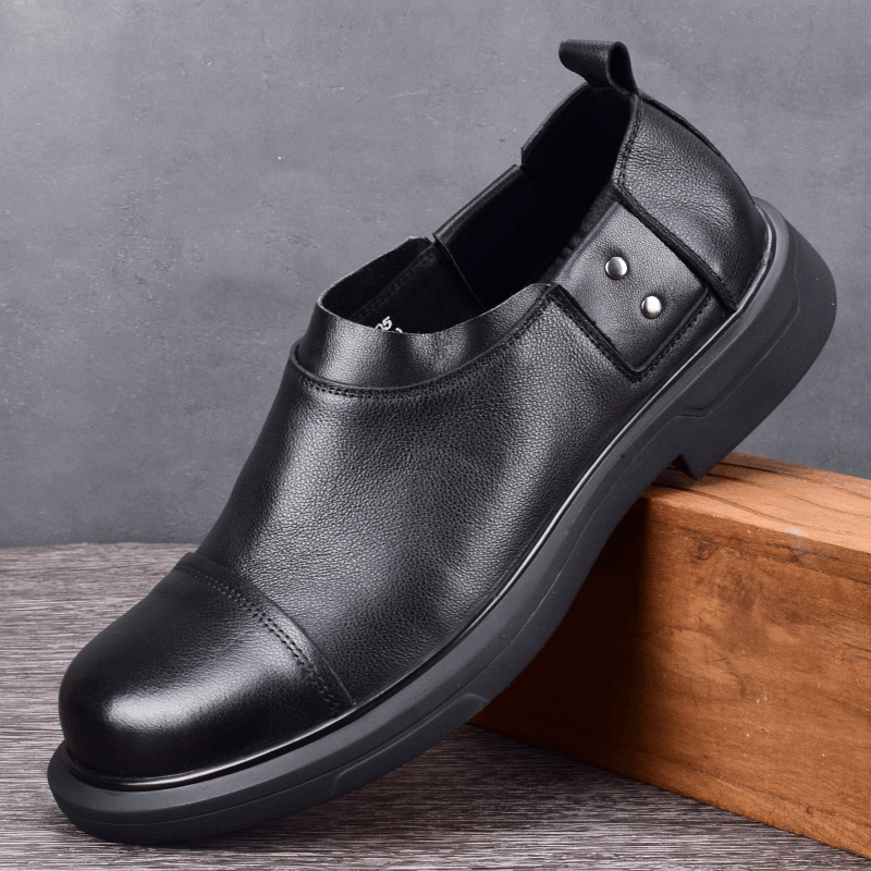 Men's shoes black first-layer cowhide round head leather shoes men's genuine leather breathable trendy shoes personalized business blue big head 