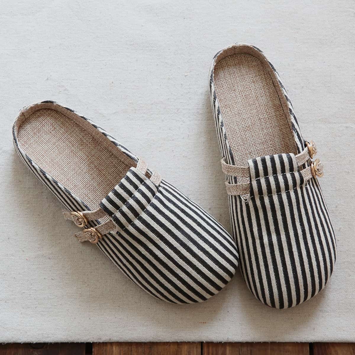 Striped bag head flat bottom half slippers handmade comfortable breathable soft bottom cotton and linen women's sandals