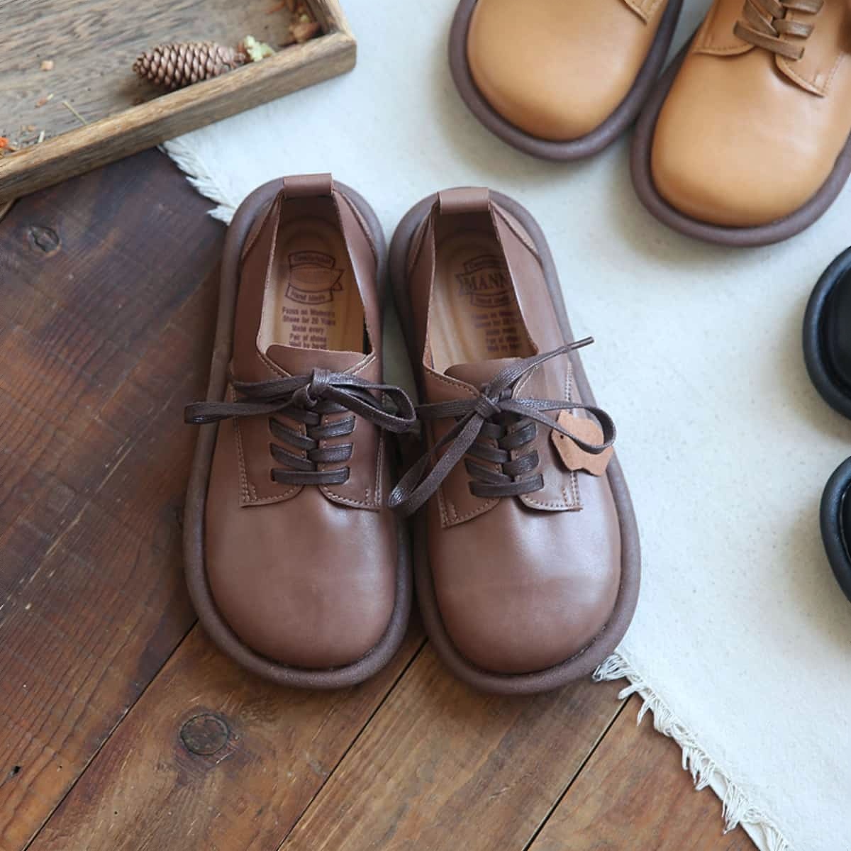 Leather round head lace-up flat shoes comfortable soft surface small leather shoes single shoes women