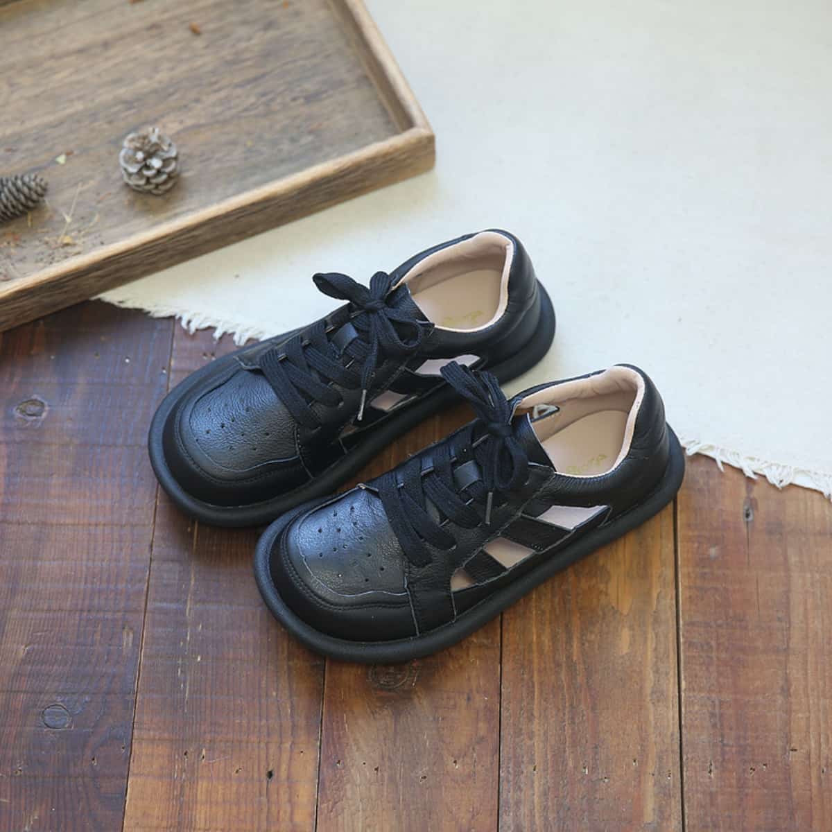 Hollow leather round head lace-up flat shoes breathable soft-soled shoes little white shoes summer