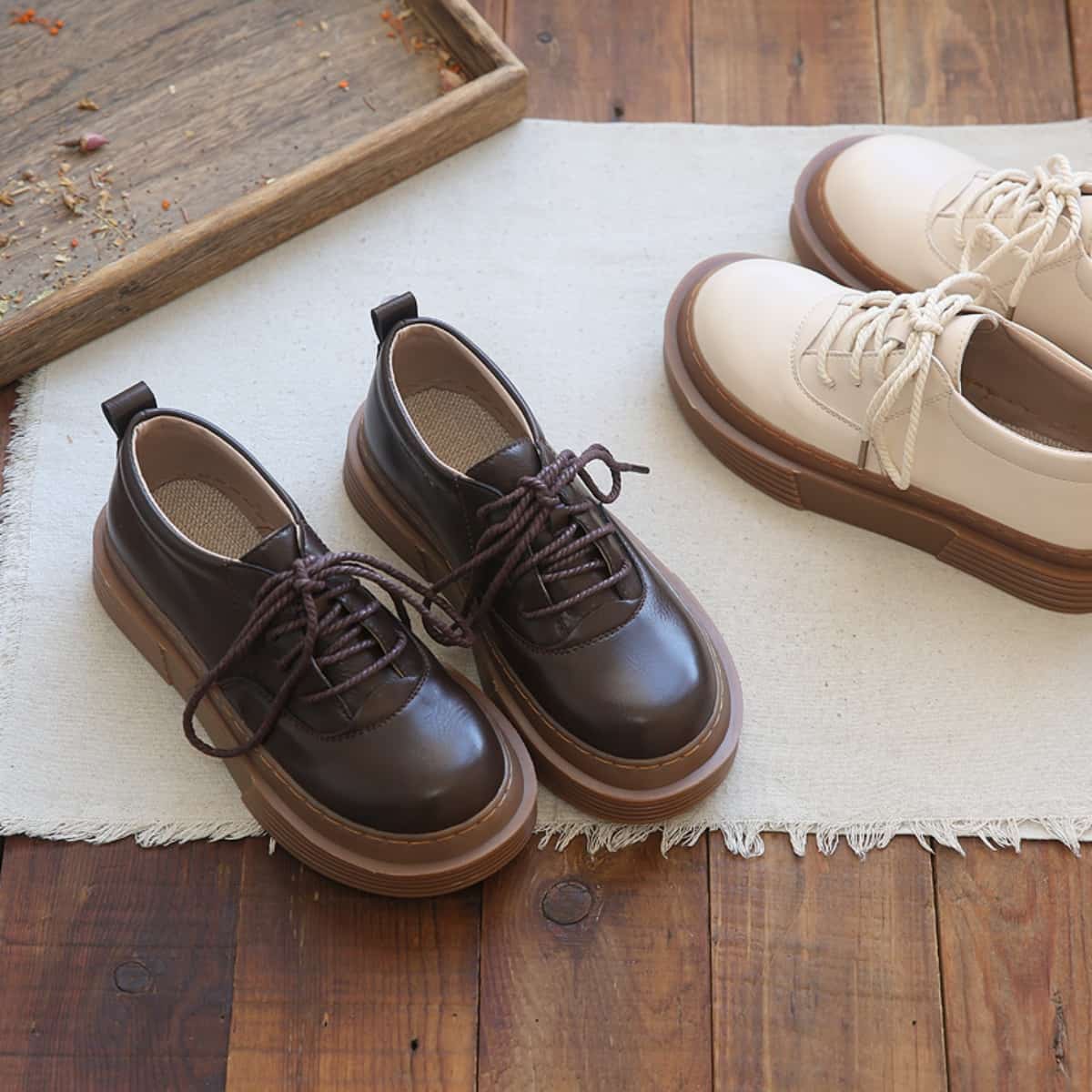 Glossy round head lace-up thick-soled big head shoes deep mouth versatile small leather shoes single shoes