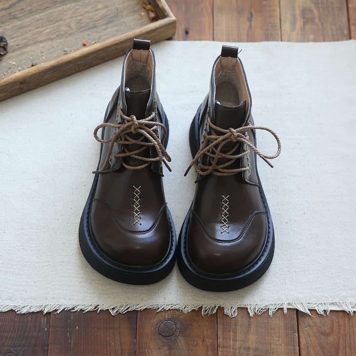 Round head lace-up thick-soled big-head shoes British style versatile heightening knight short Martin boots women