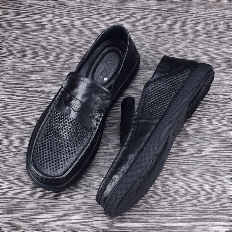 Summer hollow leather shoes men's casual leather sandals breathable Doudou shoes soft sole one pedal first layer cowhide men's shoes
