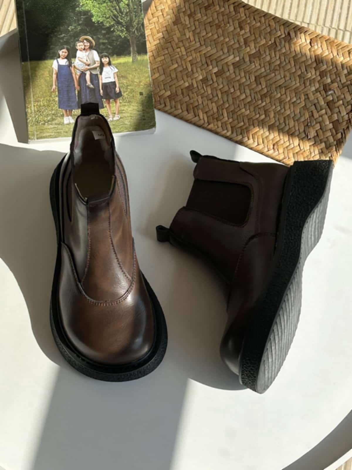 Round head platform big head shoes autumn and winter velvet black medium heel  boots short boots