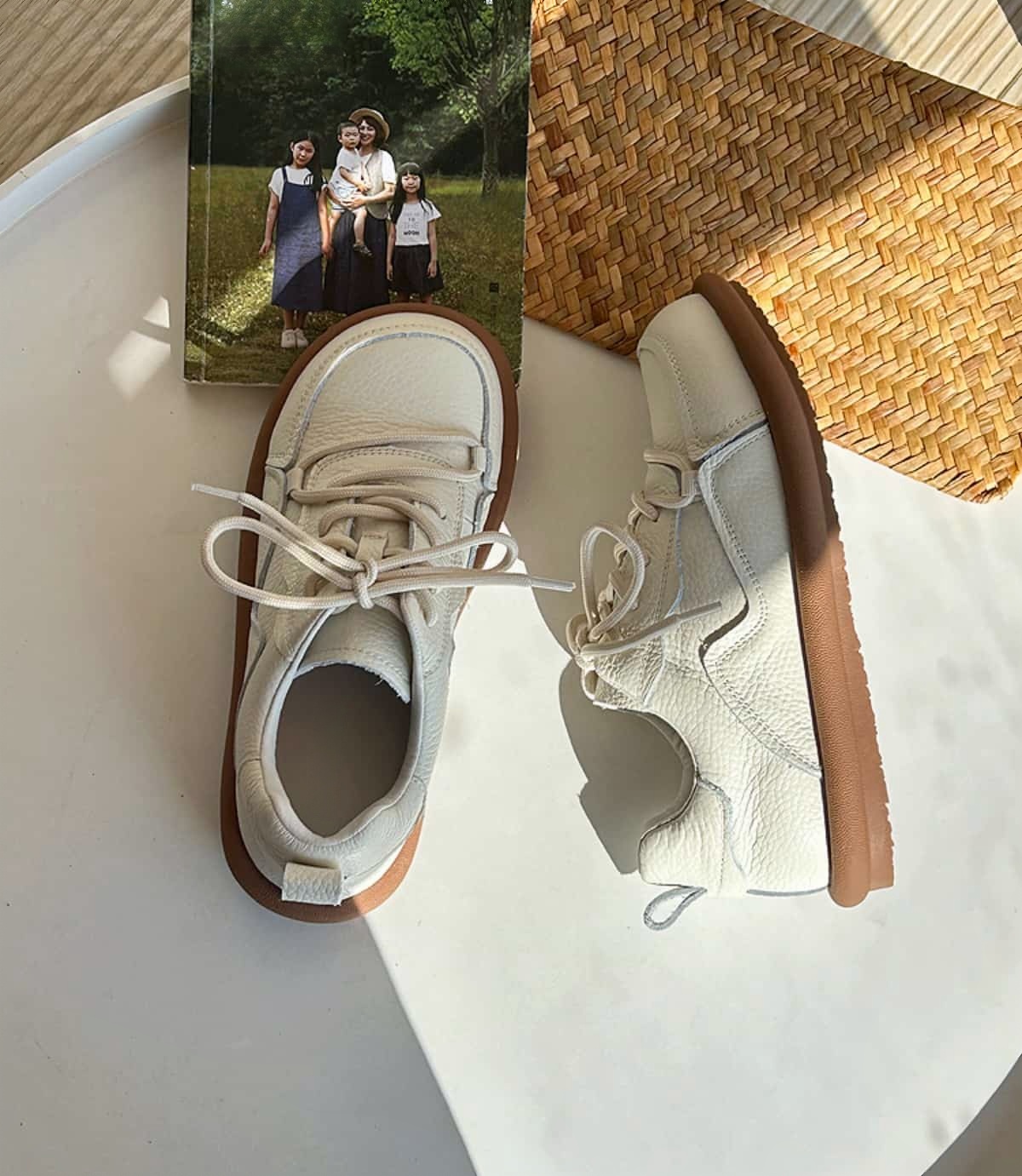 Leather round head lace-up little white shoes spring versatile student flat-soled German training shoes