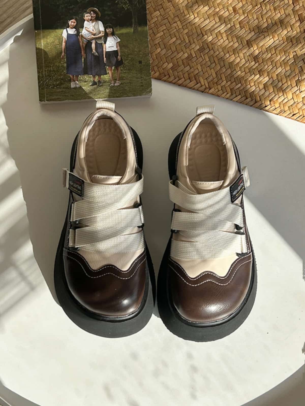 Round head thick sole big head shoes fashionable height increase cross strap small leather shoes single shoes