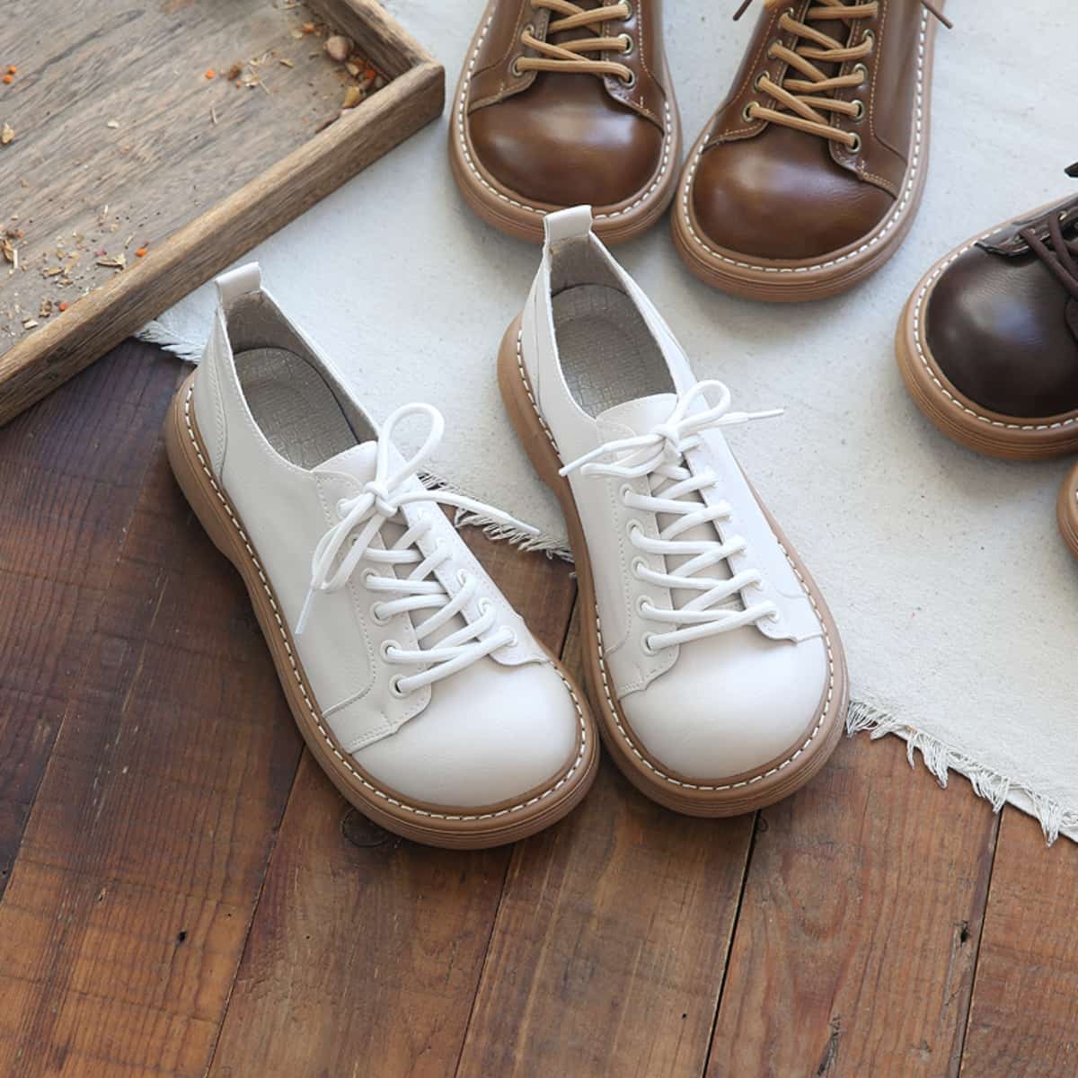 Round head lace-up platform small leather shoes college versatile uniform shoes single shoes women