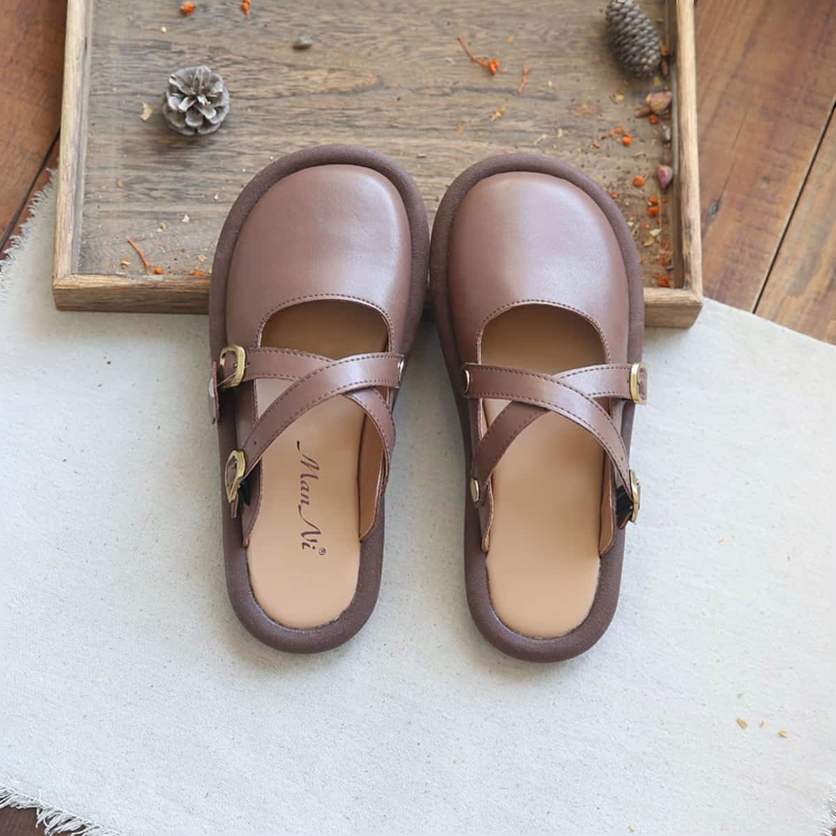 Leather bag head flat big head shoes summer cross belt comfortable cool slippers