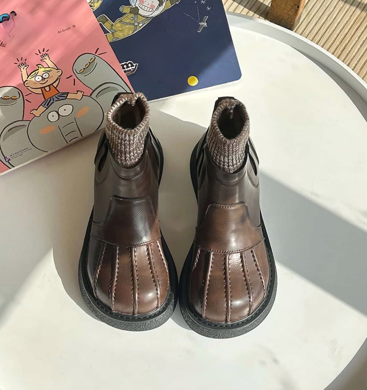 Wool mouth round head thick sole big head shoes winter velvet medium heel small leather shoes short boots