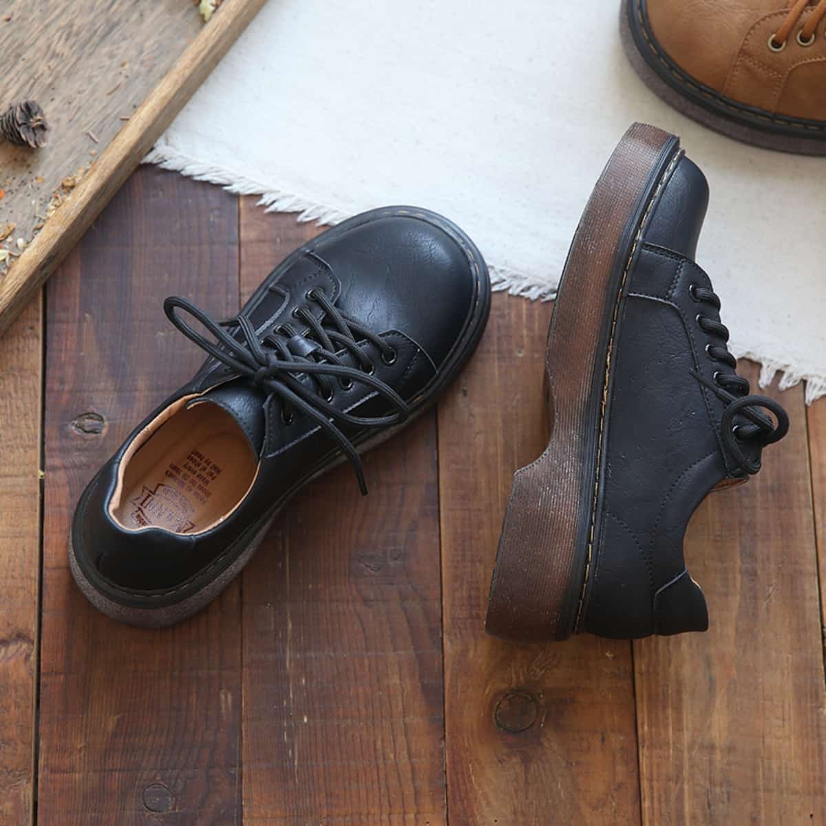 Round head lace-up platform single shoes spring new college style versatile black height-increasing small leather shoes women