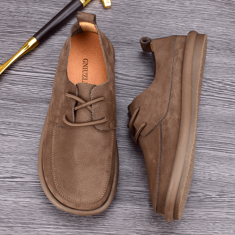 Summer breathable British leather shoes men's leather loose big head shoes soft leather soft sole lace-up versatile men's shoes