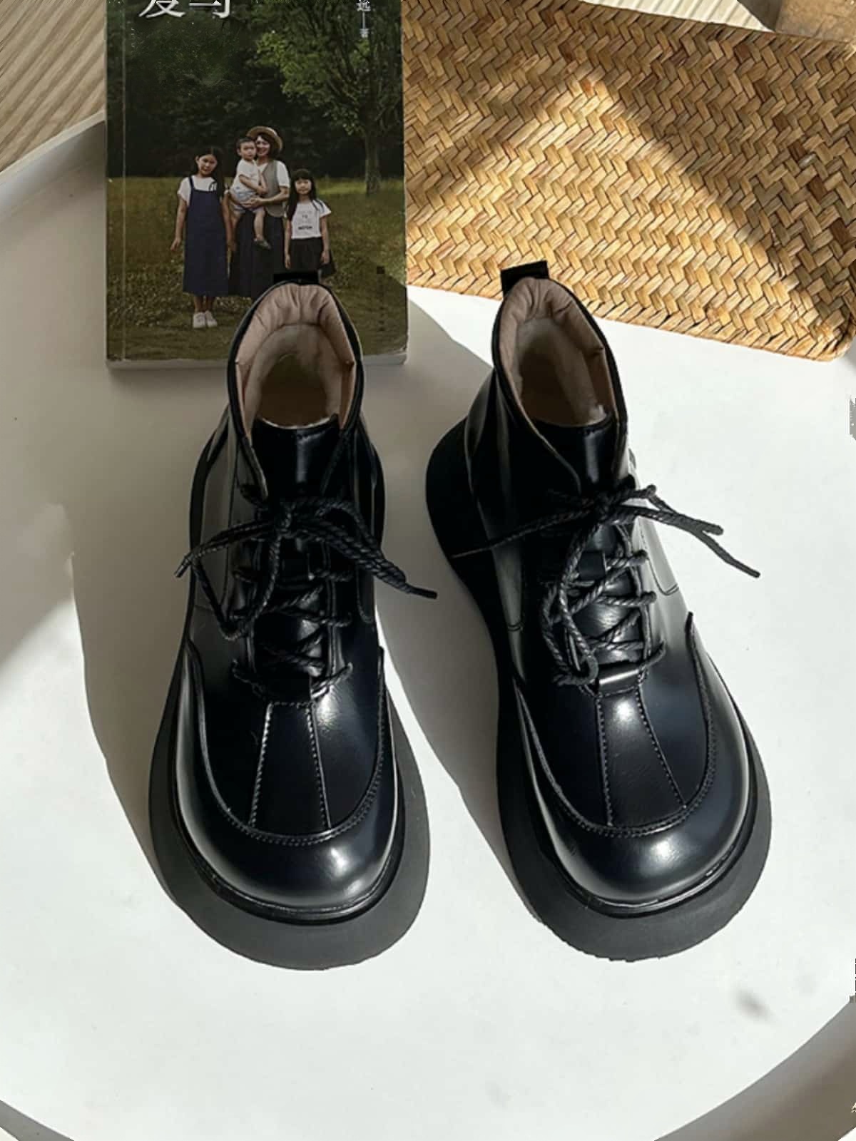 Round head strappy thick-soled Martin boots winter black versatile muffin bottom short boots