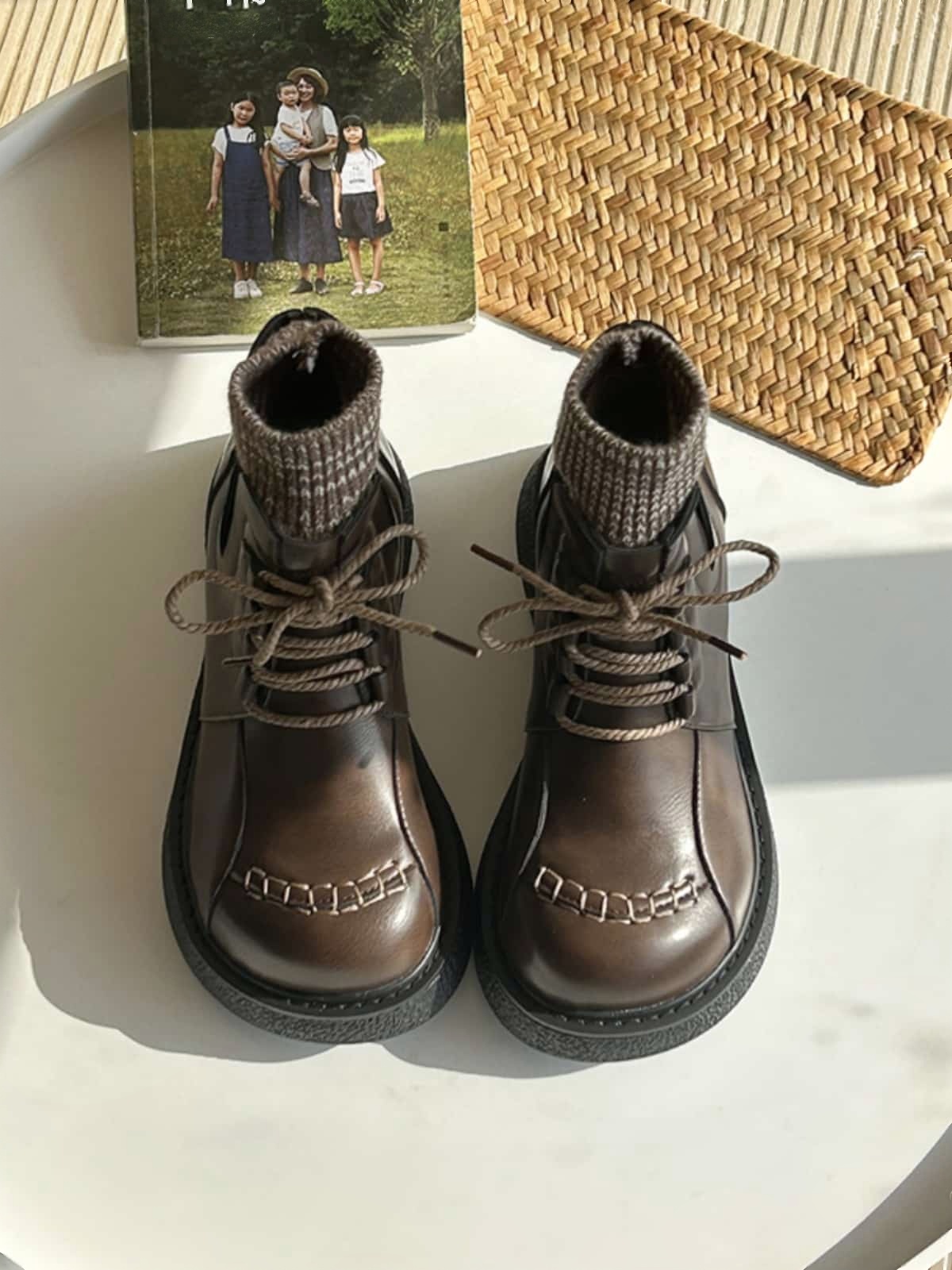 Wool mouth round head lace-up platform big head shoes winter velvet black Martin boots