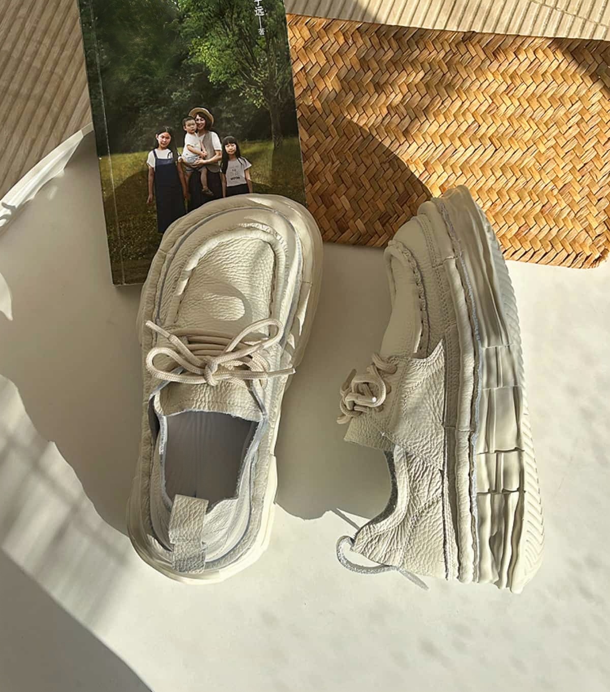 Leather round head lace-up thick-soled big head shoes spring height-increasing white shoes