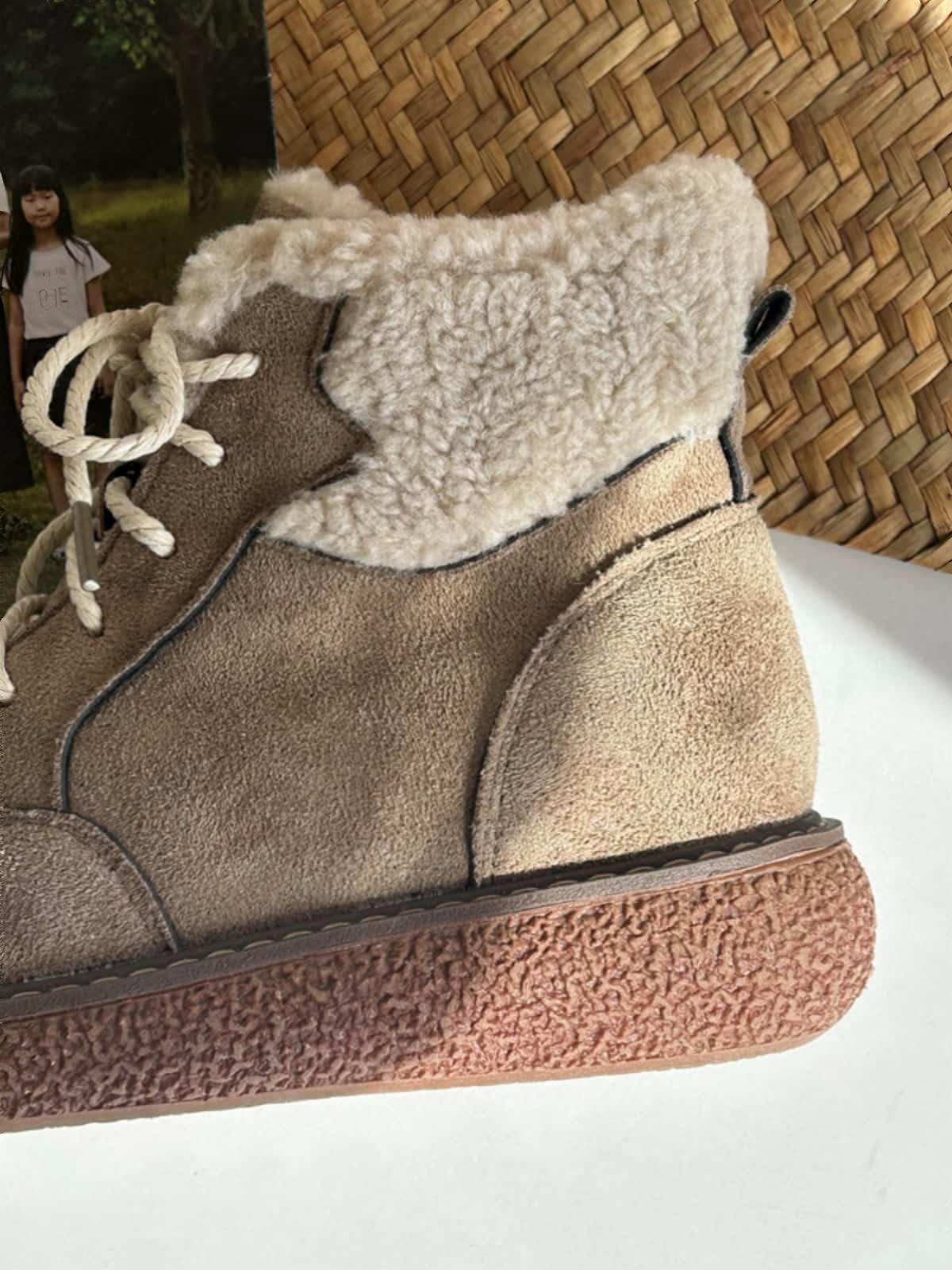 Imitation lamb wool round head strap-up thick-soled short boots winter warm and heightening snow boots