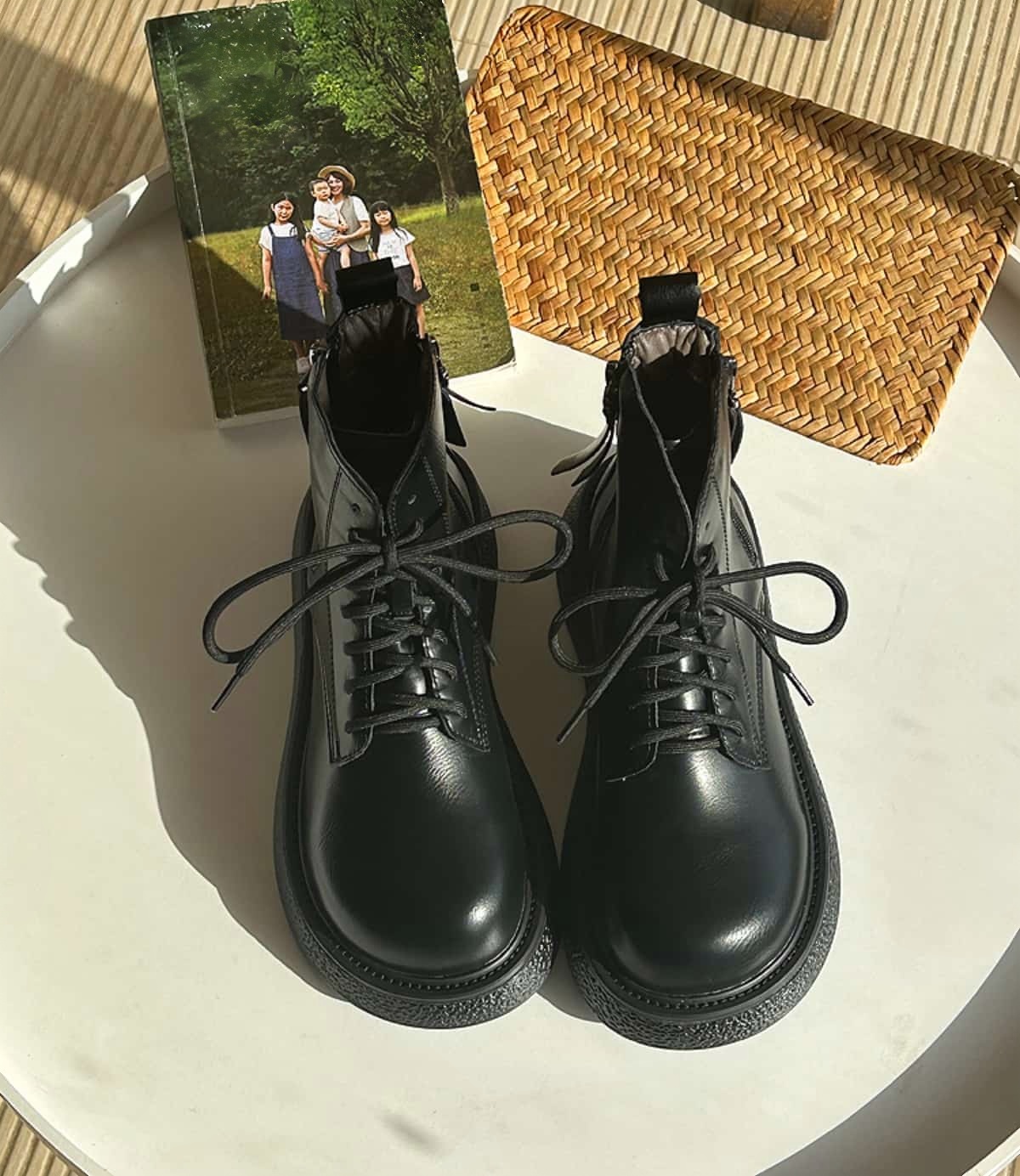 Round head lace-up thick-soled Martin boots winter velvet handsome black medium heel short boots