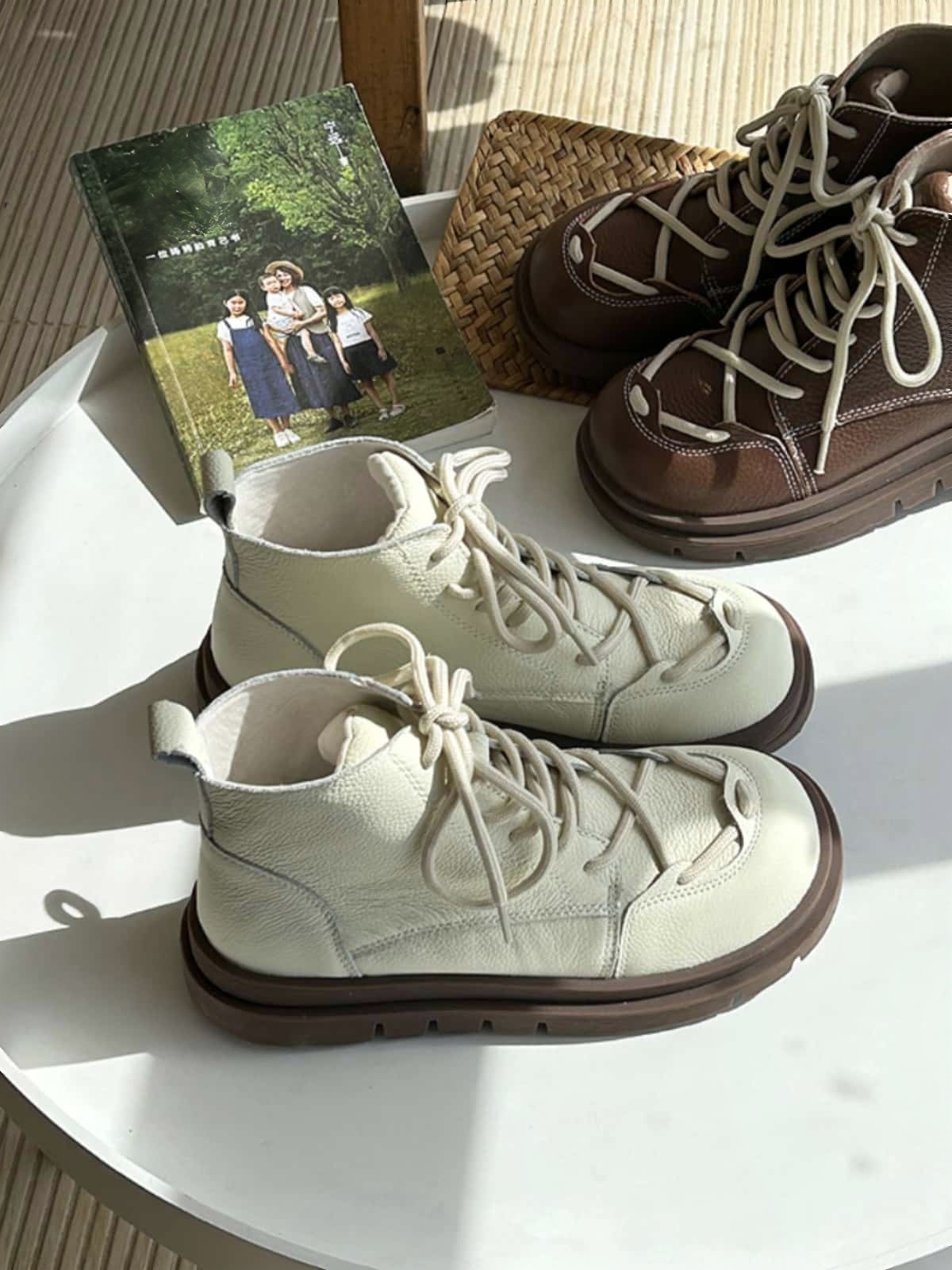 Leather round head strap-on platform Martin boots heightening fashion short boots