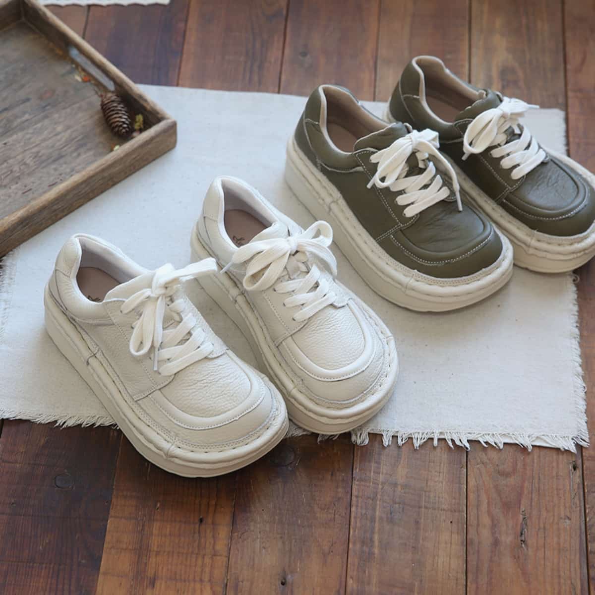 Leather round head lace-up platform big head shoes heightening shoes women