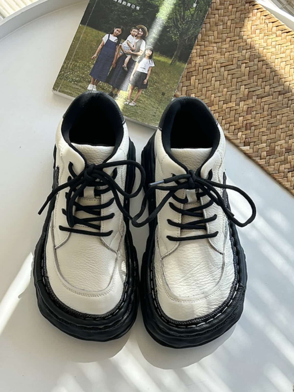 Leather round head lace-up platform big head shoes and short boots