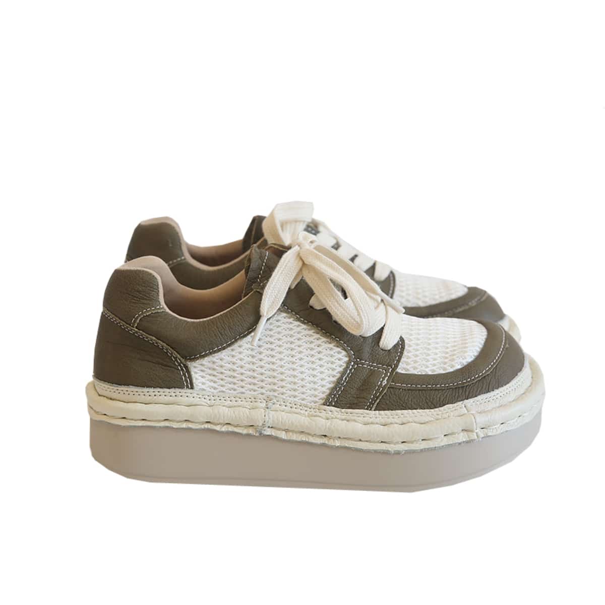 Leather mesh round head lace-up thick-soled big head shoes summer breathable muffin sole single shoes