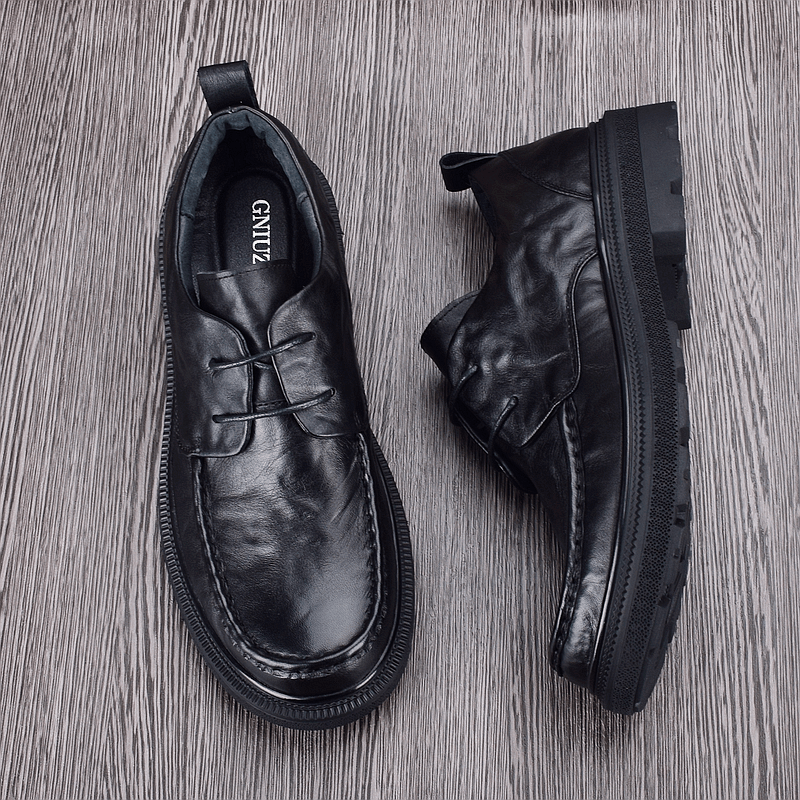 Casual leather shoes men's lace-up round head business first layer cowhide breathable thick sole men's shoes leather soft sole