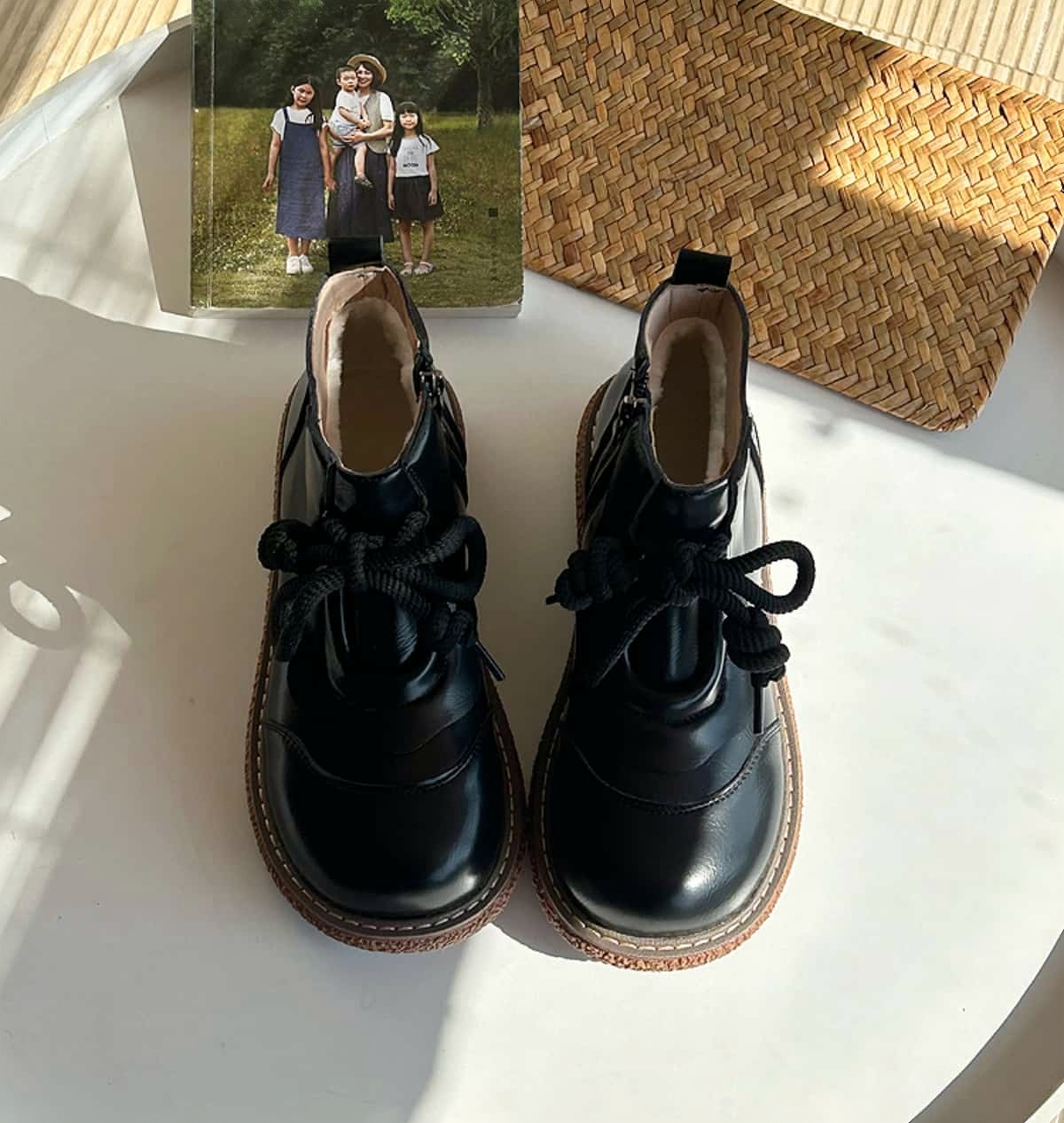 Round head lace-up platform big head shoes winter mid-heel small leather shoes short boots women