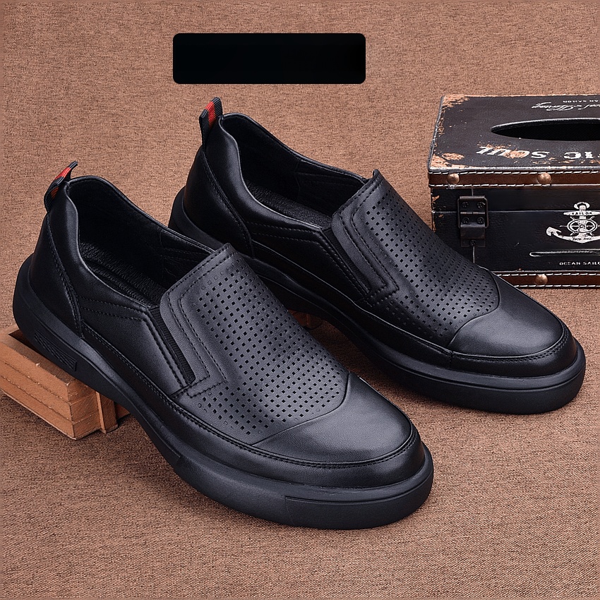 Genuine leather summer perforated breathable hollow leather shoes men's thick-soled first-layer cowhide wear-resistant wide-foot hole shoes