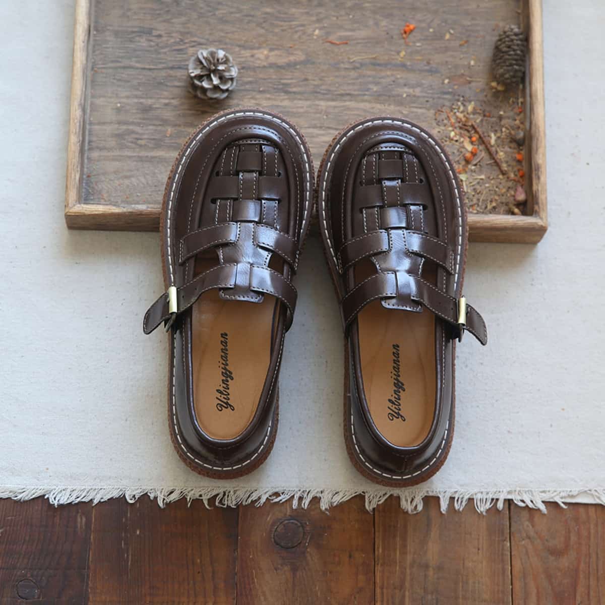 Hollow woven round head thick sole big head sandals summer beige buckle strap Roman shoes