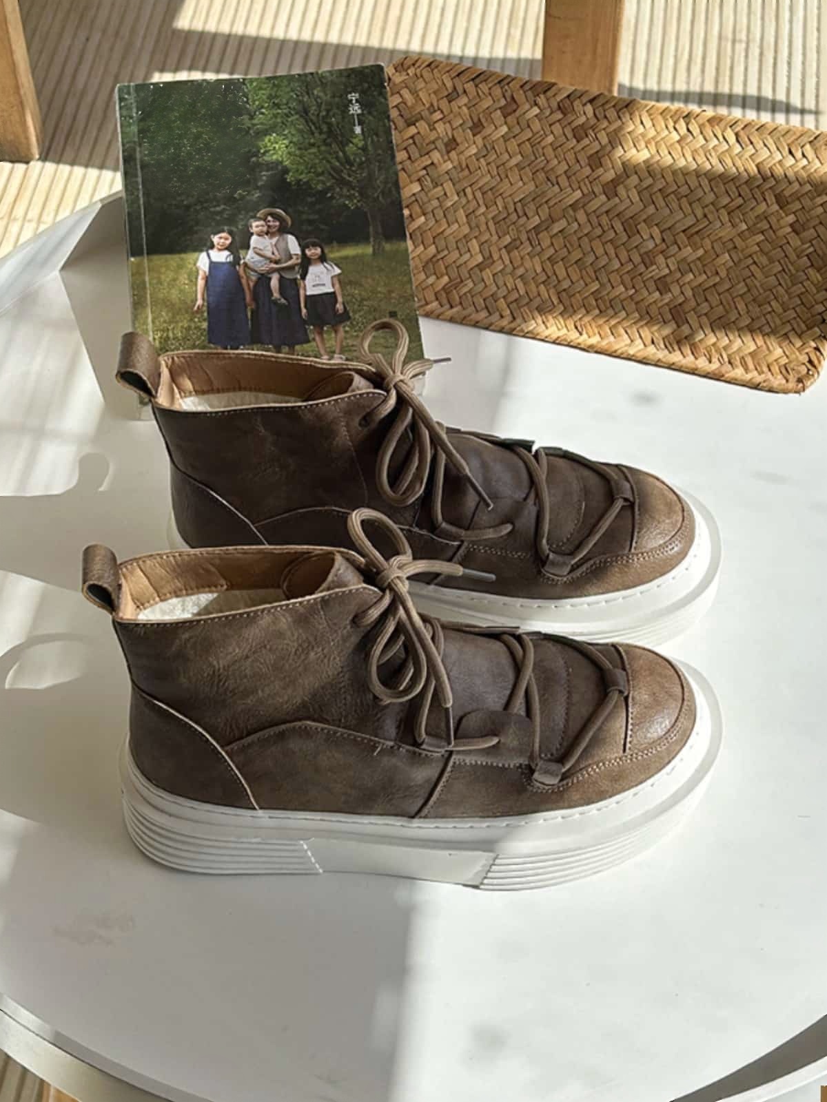 Round head lace-up thick-soled Martin boots winter velvet handsome versatile short boots women