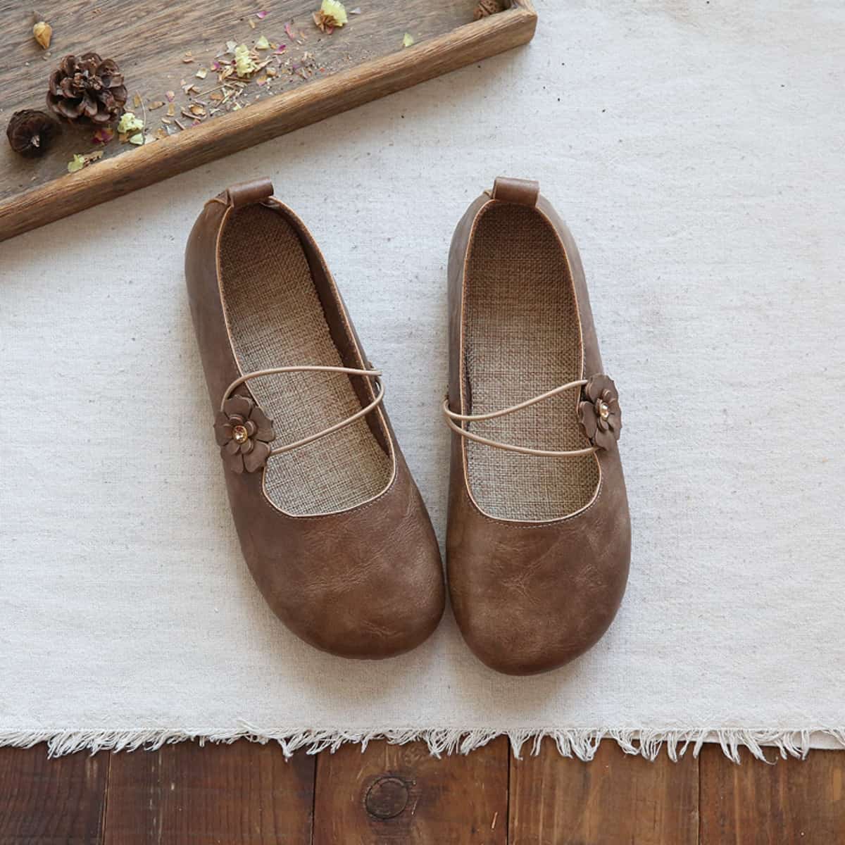 Small fresh petal bag head flat shoes handmade comfortable cotton and linen word with shallow mouth single shoes women