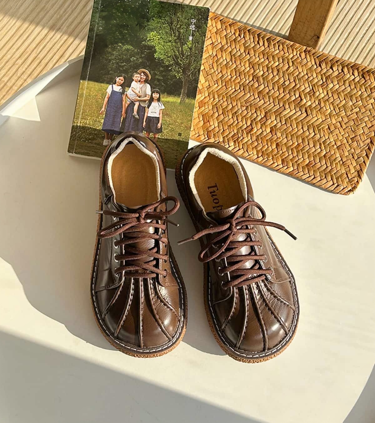 Round head lace-up platform big head shoes fashionable shell head brown small leather shoes