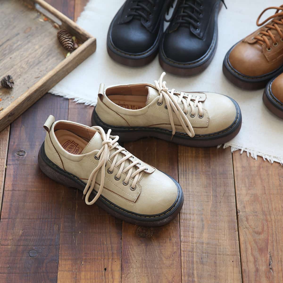 College style round head lace-up platform single shoes spring new classic black low-top small leather shoes women