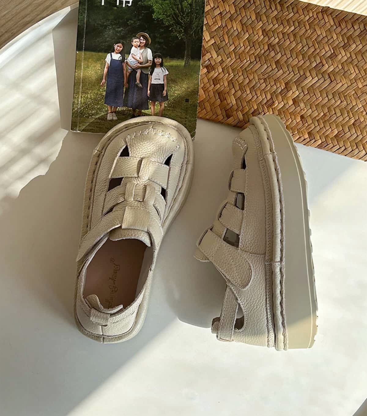 Leather wide head thick sole heightening sandals women's handmade big head shoes summer hollow breathable Roman women's shoes