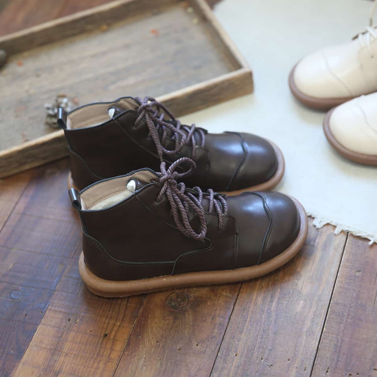 Round head lace-up flat-soled short boots autumn and winter velvet British soft-soled boots