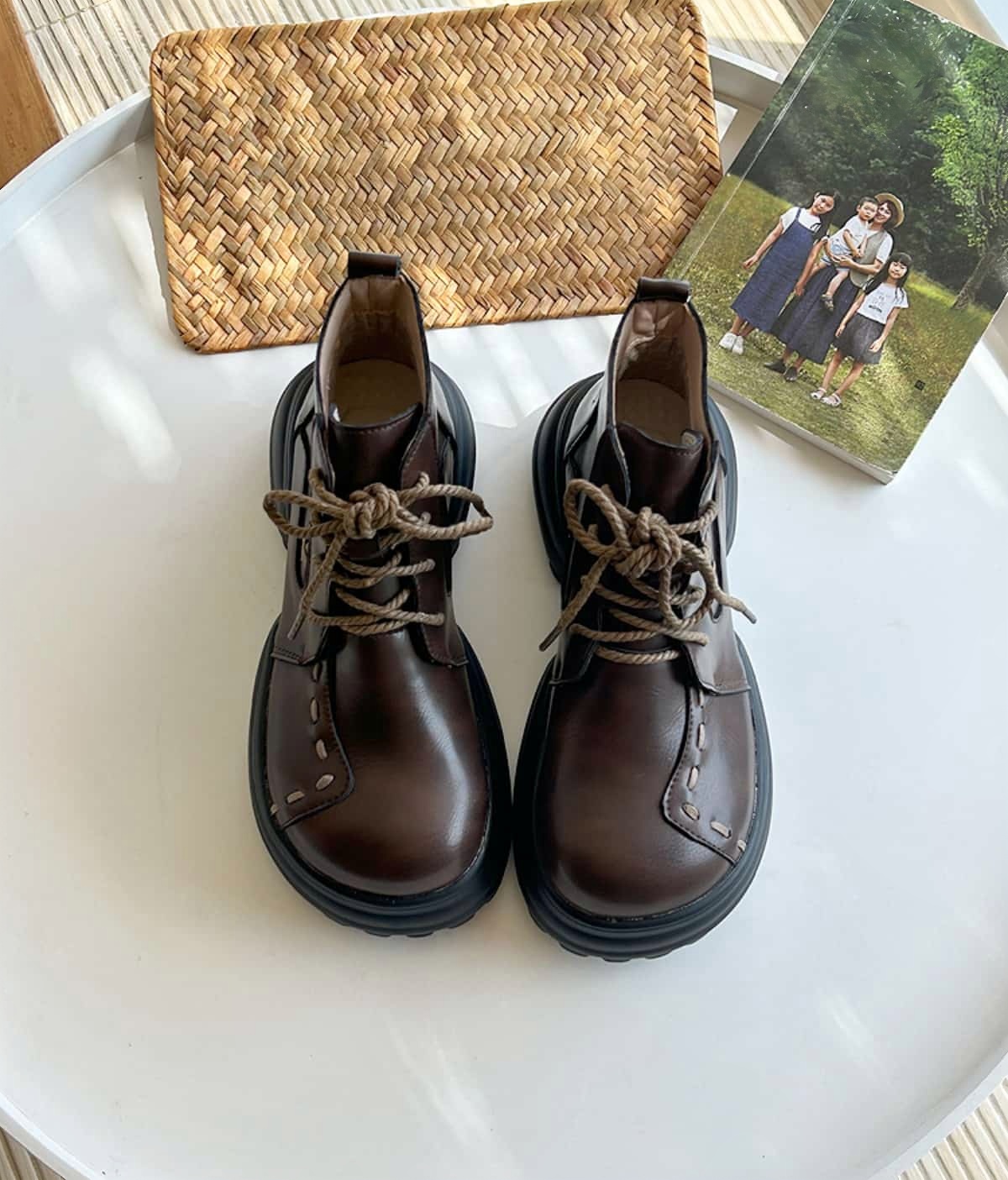 Round head lace-up thick heel Martin boots new black handsome locomotive boots short boots women