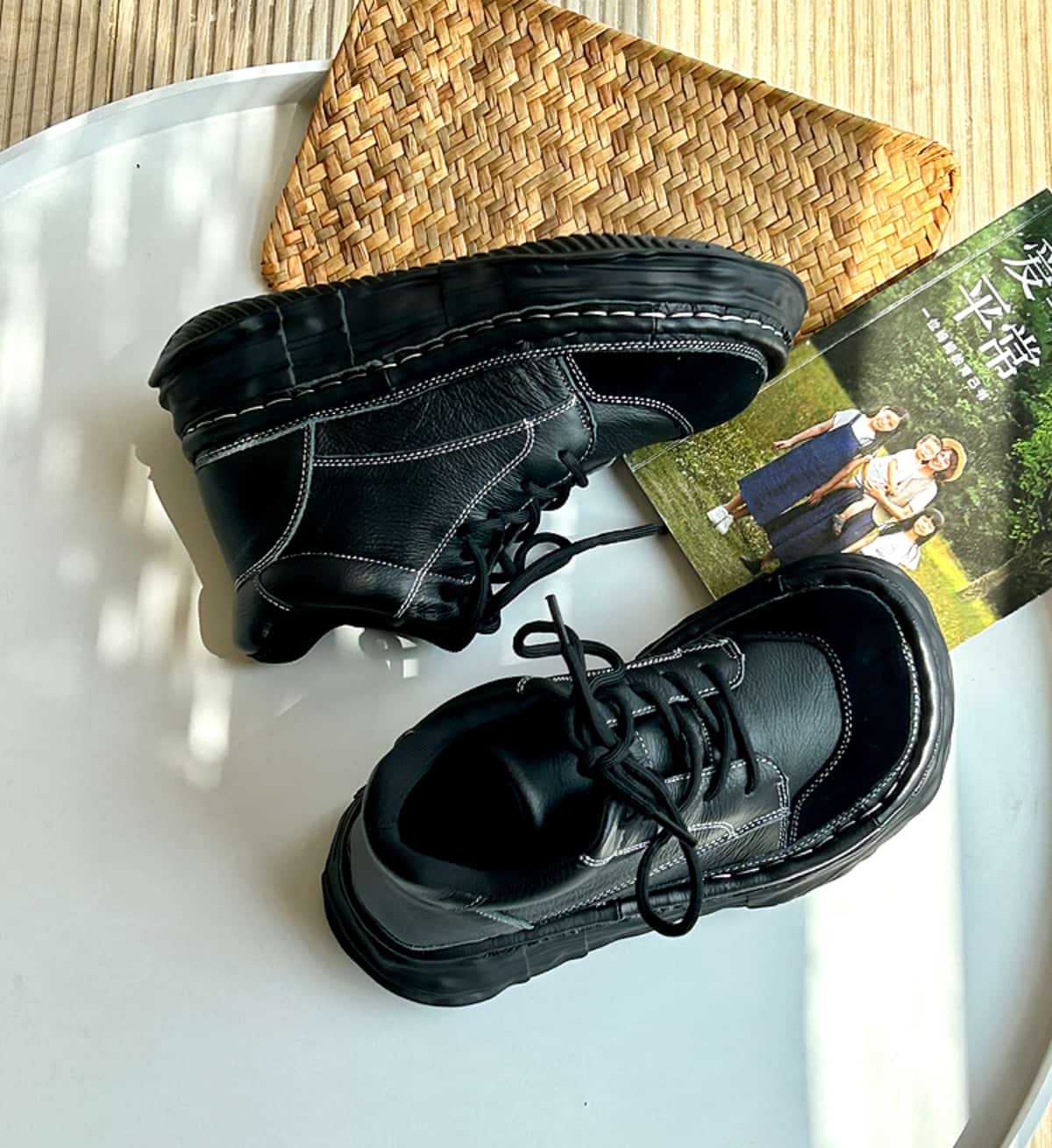 Leather round head lace-up platform big head shoes high top shoes short boots women