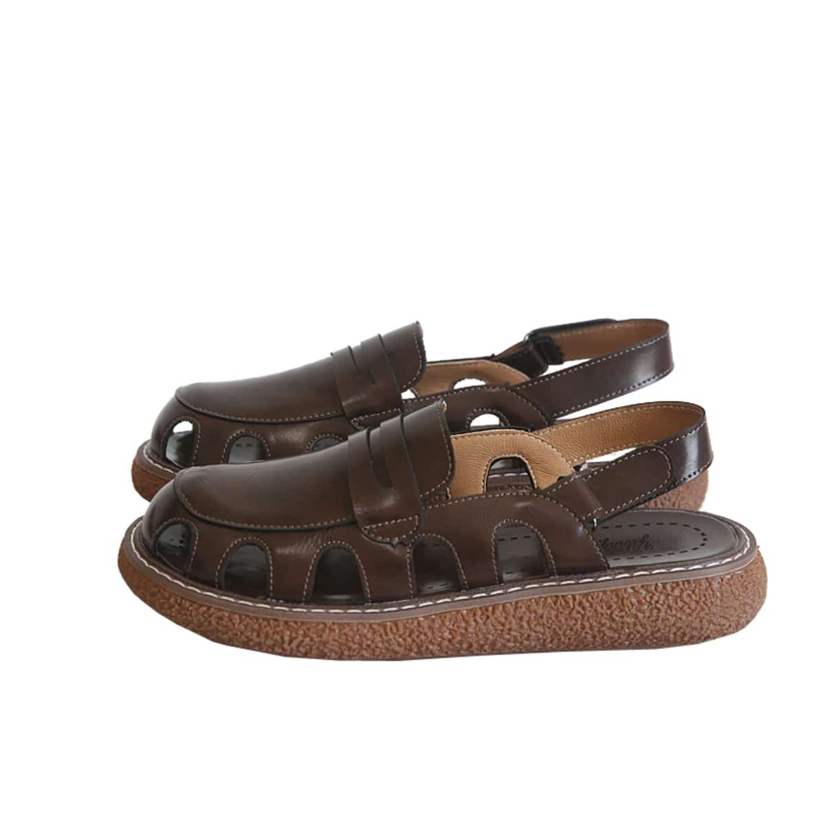 Hollow round head platform big head sandals summer Velcro beige mid-heel Roman shoes