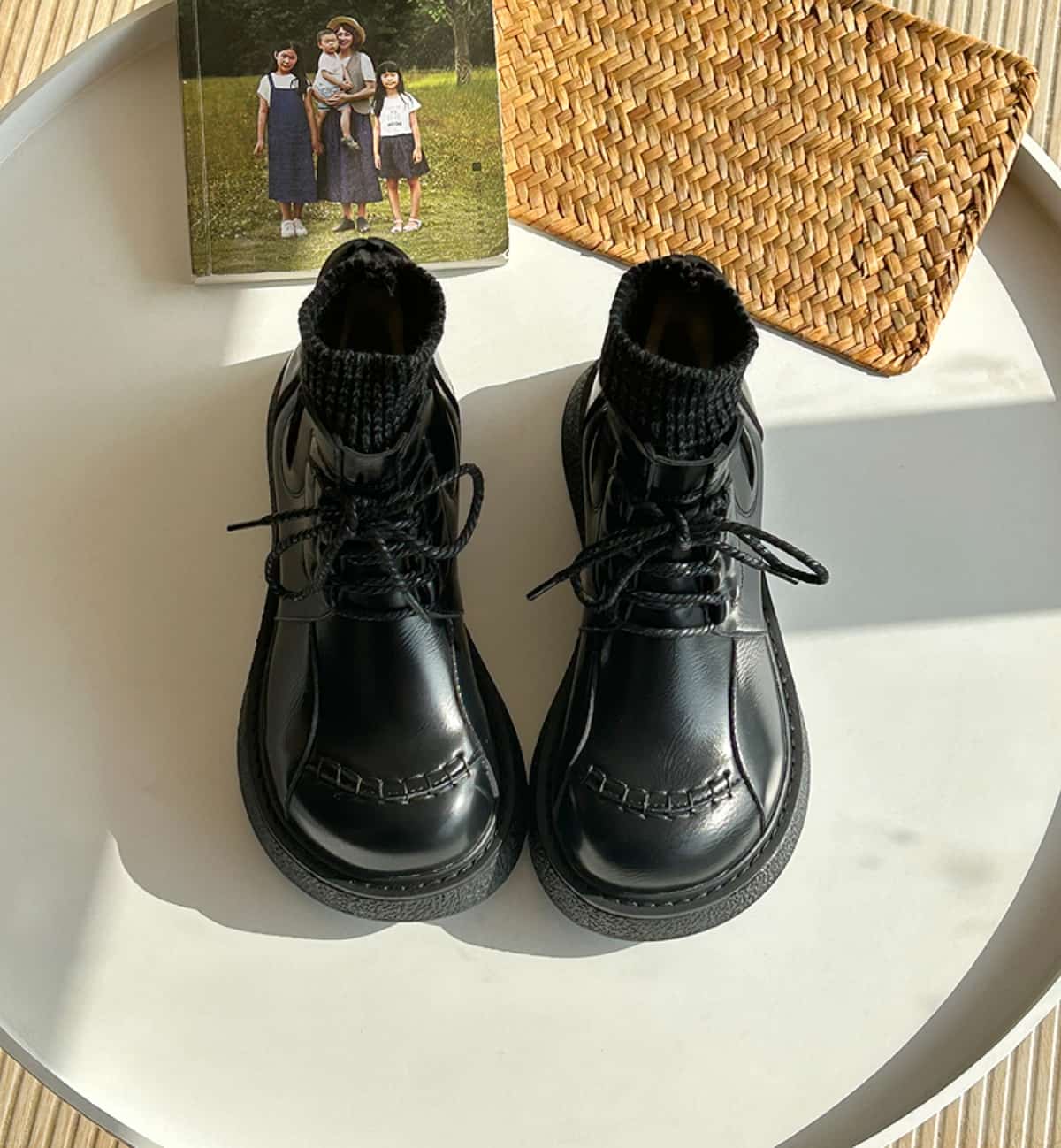 Wool mouth round head lace-up platform big head shoes winter velvet black Martin boots